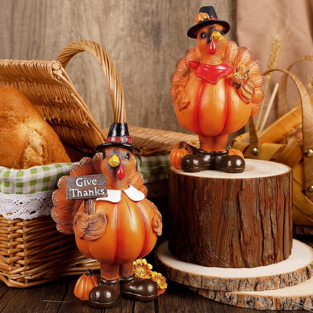 Lulu Home Thanksgiving Turkey Figurines, Give Thanks Resin Turkey Shelf Sitters, Thanksgiving Home Decor Craft Turkey Centerpiece Mantle Fall Fireplace Decor, 2 Pack - imagem de detalhe 3