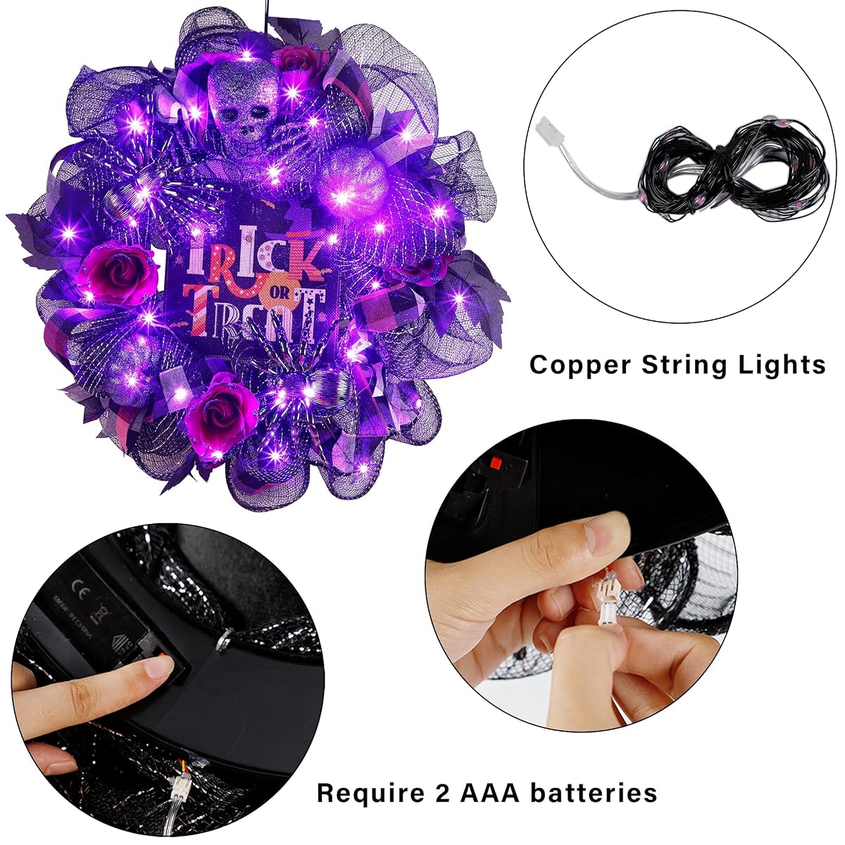 Lulu Home Halloween Wreath, 30 LED Lighted Front Door Wreath with Skull Spider Mesh Decor, Battery Operated Halloween Wired Ribbon Wreath Artificial Door Wreath Hanging Ornament, NOT PRELIT - imagem de detalhe 4