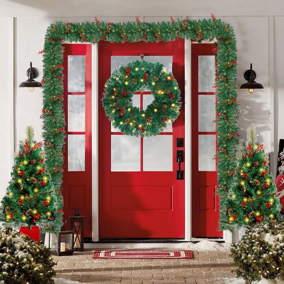 Lulu Home 4 Piece Christmas Decorations, Pre-Lit 2 Pack 3' Christmas Tree 24" Wreath and 8.9' Garland, Artificial Christmas Decorative Set for Indoor Outdoor Xmas Decoration - imagem de detalhe 6