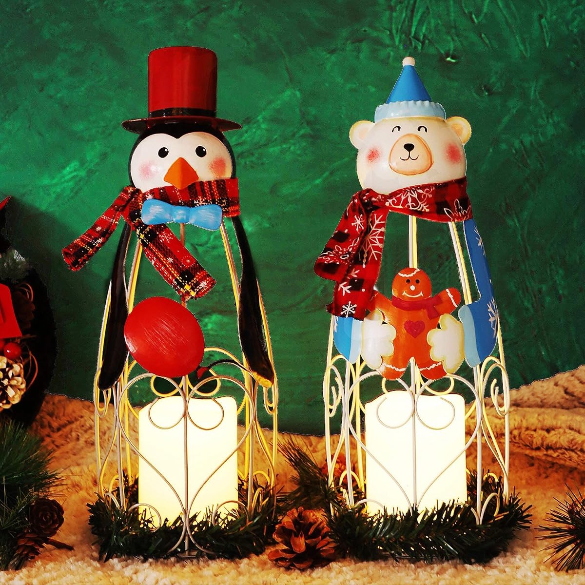 Lulu Home Christmas LED Candle Lanterns, 2 Pack 14.6 Inch Penguin Polar Bear with Battery Operated Candle Lights, Light Up Christmas Tabletop Decorations - imagen de detalle 3