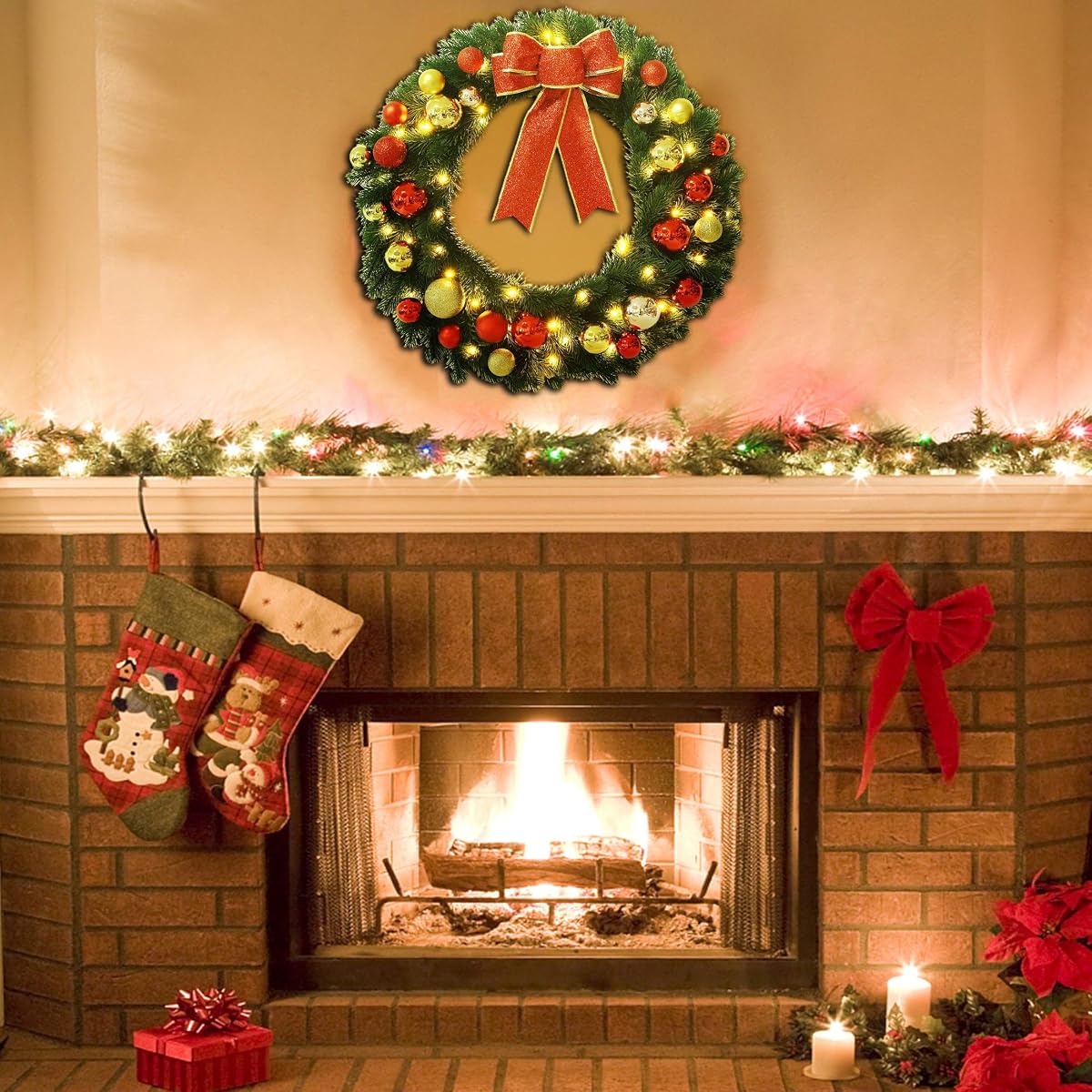 Lulu Home 24 Inch Pre-lit Christmas Wreath with Hook, Battery Operated Christmas Wreath Decorative Christmas Balls Hanging Ornament, Artificial Door Wreath 60 Clear LED Lights with Timer - detail image 6
