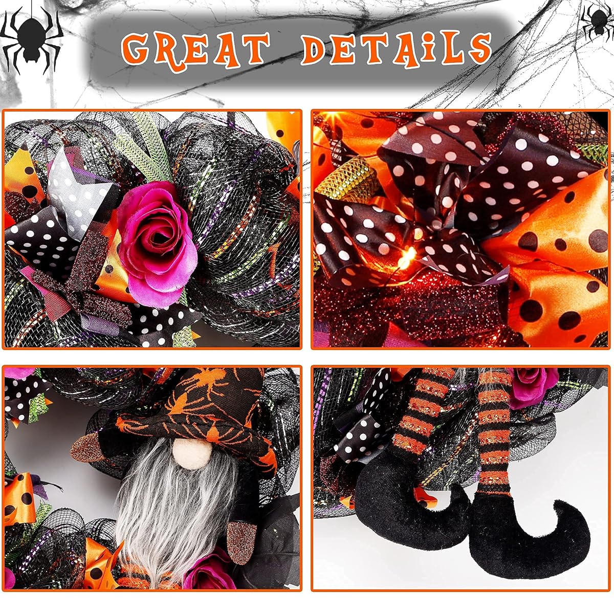 Lulu Home Halloween Wreath, 30 LED Orange Lighted Front Door Wreath with Gnome Mesh Decor, Battery Operated Halloween Wired Ribbon Wreath Artificial Door Wreath Hanging Ornament, NOT PRELIT - imagem de detalhe 3