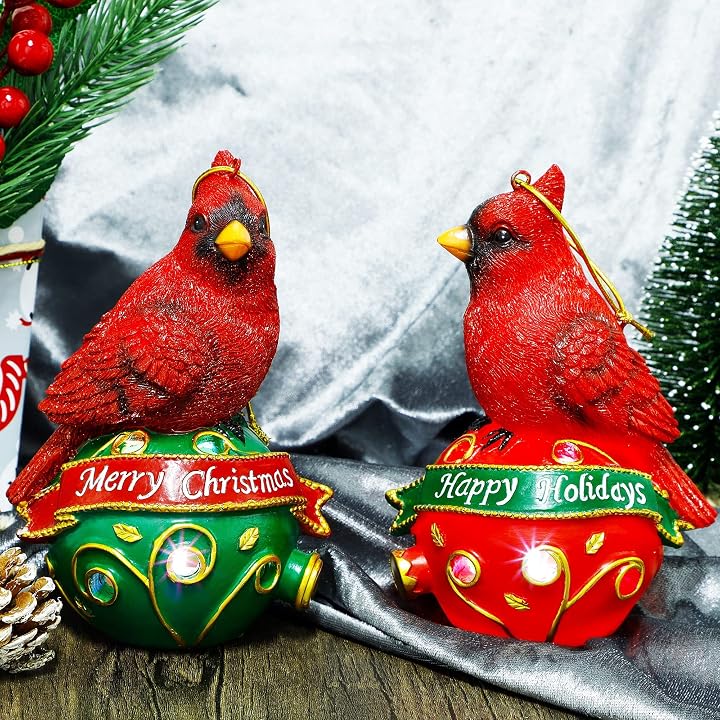 Lulu Home Christmas Hanging Decoration, 6" H Set of 2 Resin Cardinal Figures with Lighted Christmas Balls Base, Hanging Lifelike Red Birds with Pre-Strung Rope for Christmas Indoor Outdoor Decoration