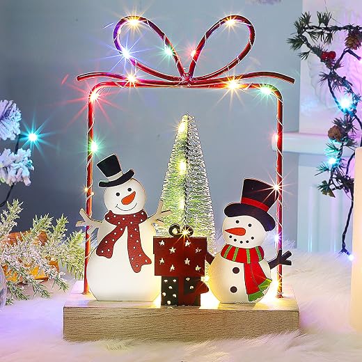 Lulu Home Christmas Tabletop Decoration, Wooden Pre-lit Xmas Snowmen Gift Boxes Ornament with Metal Frame, Battery Operated LED Light Up Holiday Sign for Indoor Mantel Shelf Decor