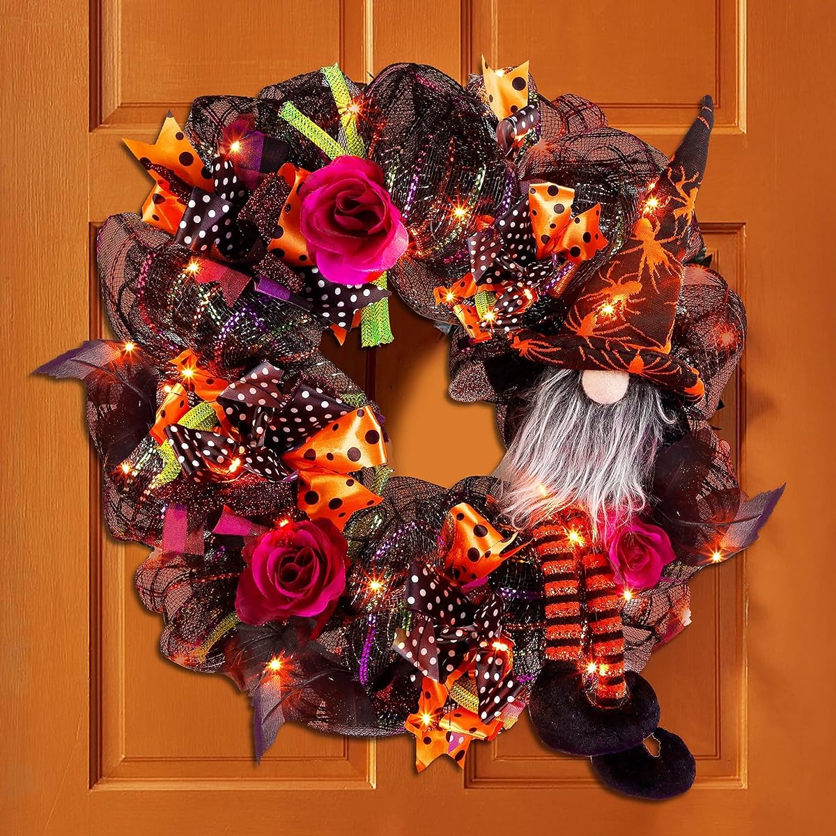 Lulu Home Halloween Wreath, 30 LED Orange Lighted Front Door Wreath with Gnome Mesh Decor, Battery Operated Halloween Wired Ribbon Wreath Artificial Door Wreath Hanging Ornament, NOT PRELIT - imagem de detalhe 5