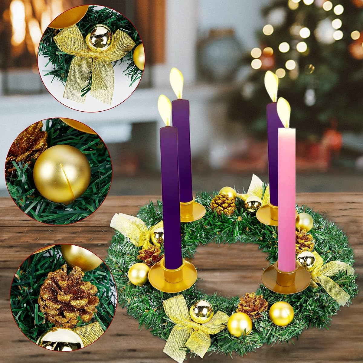 Lulu Home Christmas Advent Wreath, 13.4 Inch X-mas Golden Ribbon Advent Wreath with 4 Candle Holders Adorned Christmas Balls Pine Cones, Holiday Tabletop Candles Centerpieces Decoration - detail image 3