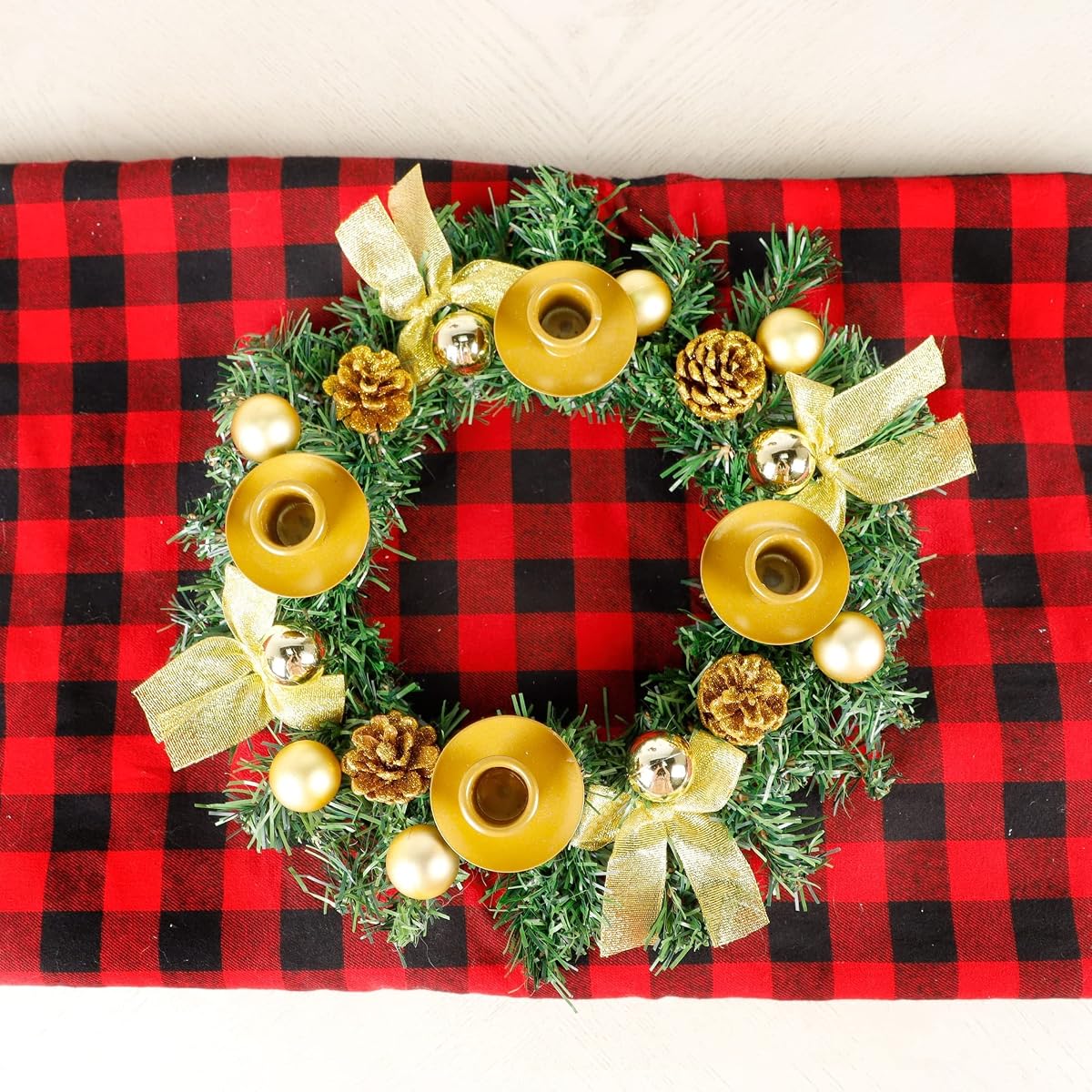Lulu Home Christmas Advent Wreath, 13.4 Inch X-mas Golden Ribbon Advent Wreath with 4 Candle Holders Adorned Christmas Balls Pine Cones, Holiday Tabletop Candles Centerpieces Decoration - detail image 6