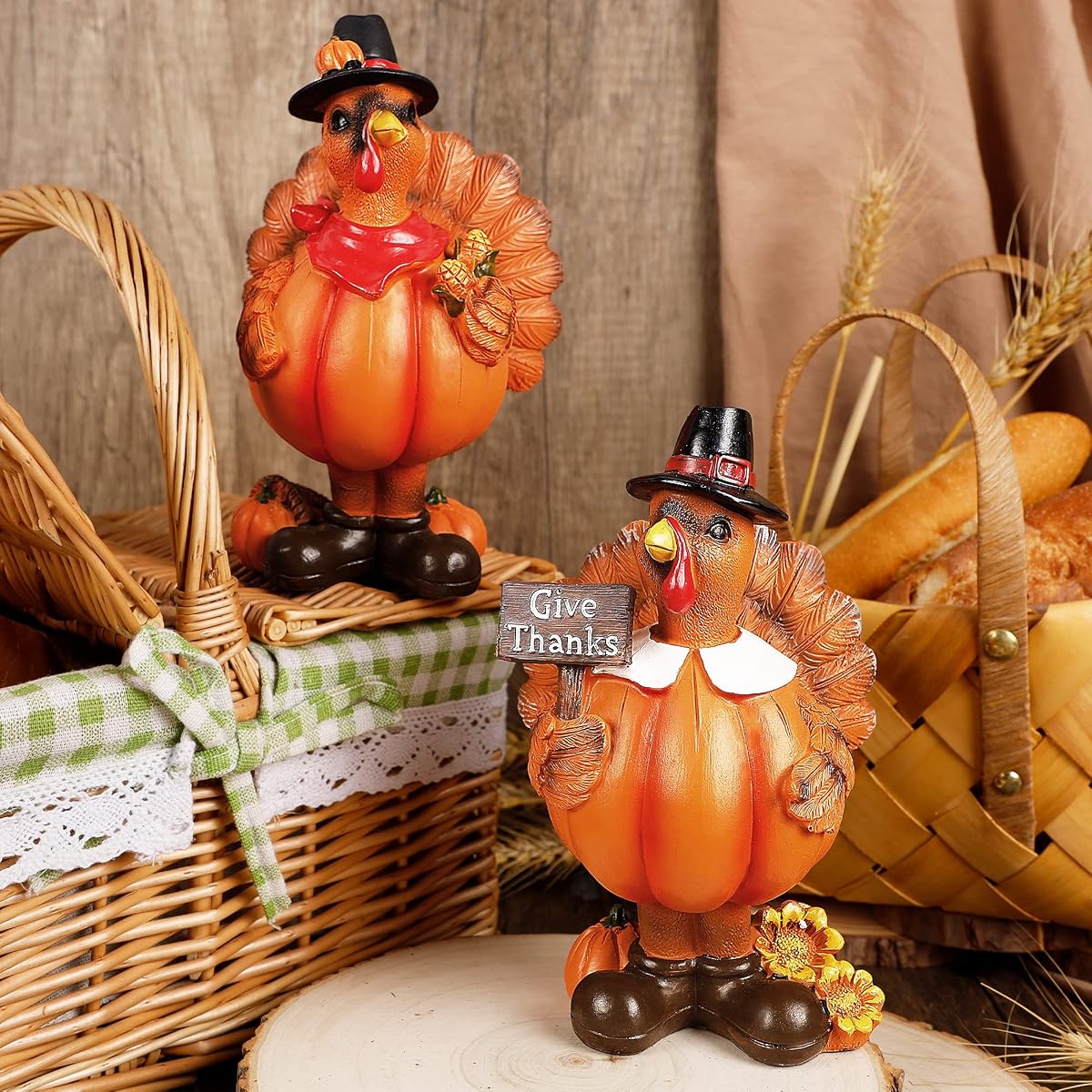 Lulu Home Thanksgiving Turkey Figurines, Give Thanks Resin Turkey Shelf Sitters, Thanksgiving Home Decor Craft Turkey Centerpiece Mantle Fall Fireplace Decor, 2 Pack - imagem de detalhe 5