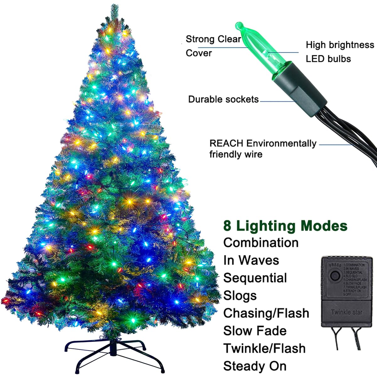 Lulu Home 6 Ft Artificial Christmas Tree with 300 LED Multi-Colored String Lights (Not Pre-Strung) and 850 Branch Tips, 8 Lighting Modes Artificial Christmas Tree with Iron Stand - imagen de detalle 4