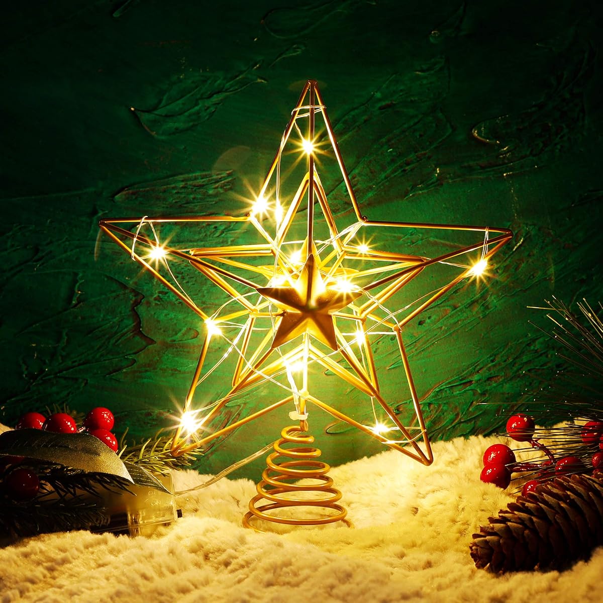 Lulu Home Christmas Tree Topper, 8.5" X 7.6" Golden Christmas LED Star Tree Topper, 15 LED Lighted Xmas Tree Star Topper Christmas Tree Ornament Decoration - imagem de detalhe 2