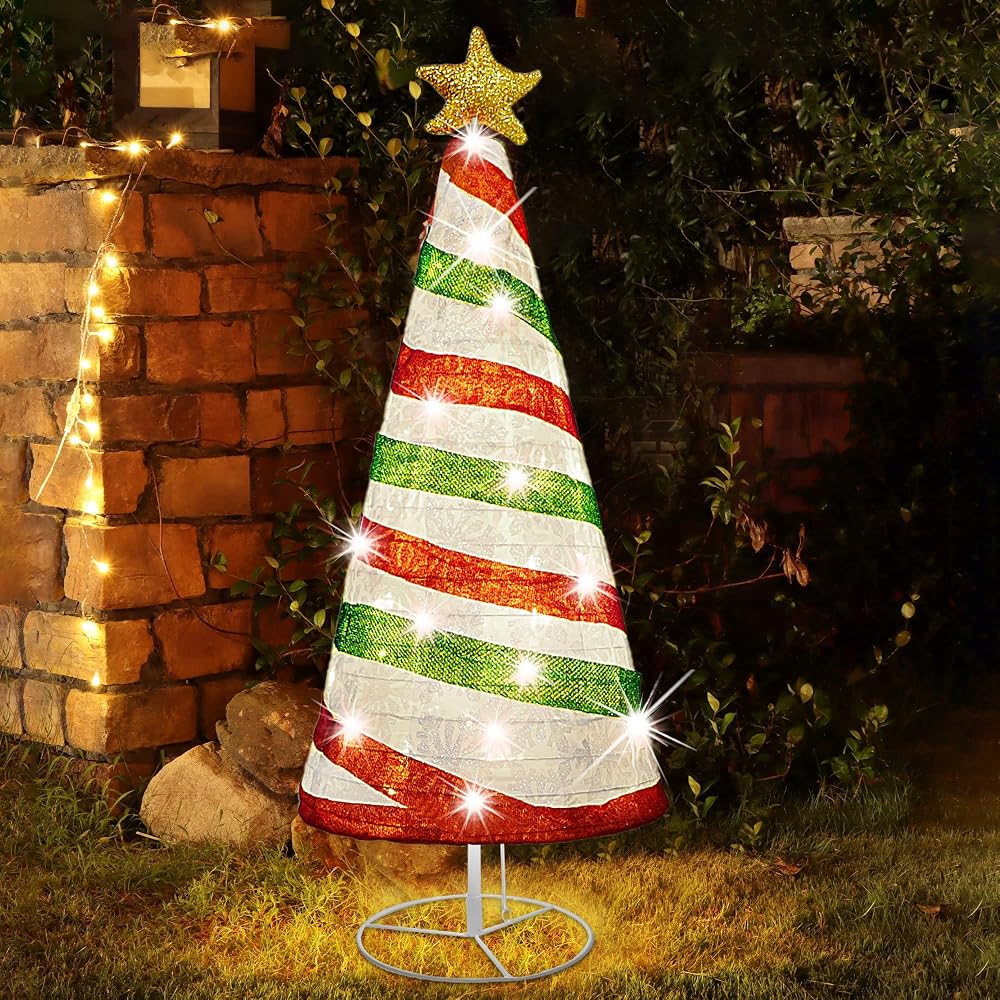 Lulu Home 35 Inch Collapsible Christmas Tree Decor, 48 LED Pre-lit Fabric Christmas Tree with Star Topper, Plug-in Foldable Light Up Spiral Cone Xmas Tree Indoor Outdoor Yard Decor, Red & Green