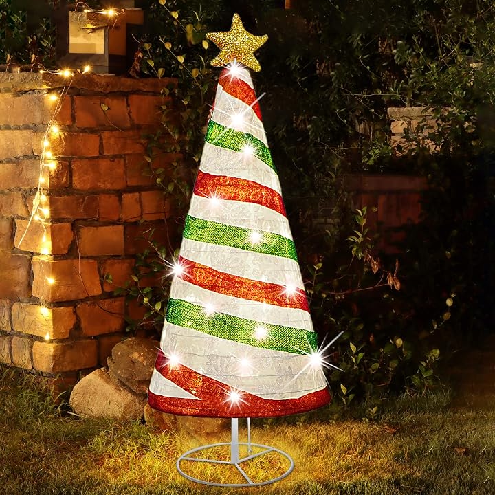 Lulu Home 35 Inch Collapsible Christmas Tree Decor, 48 LED Pre-lit Fabric Christmas Tree with Star Topper, Plug-in Foldable Light Up Spiral Cone Xmas Tree Indoor Outdoor Yard Decor, Red & Green