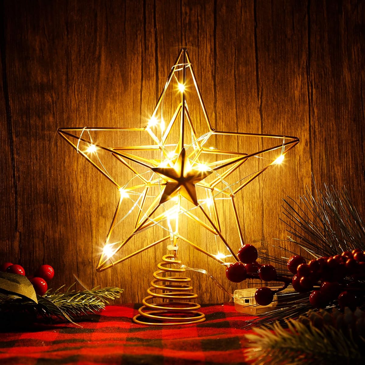 Lulu Home Christmas Tree Topper, 8.5" X 7.6" Golden Christmas LED Star Tree Topper, 15 LED Lighted Xmas Tree Star Topper Christmas Tree Ornament Decoration - imagem de detalhe 4