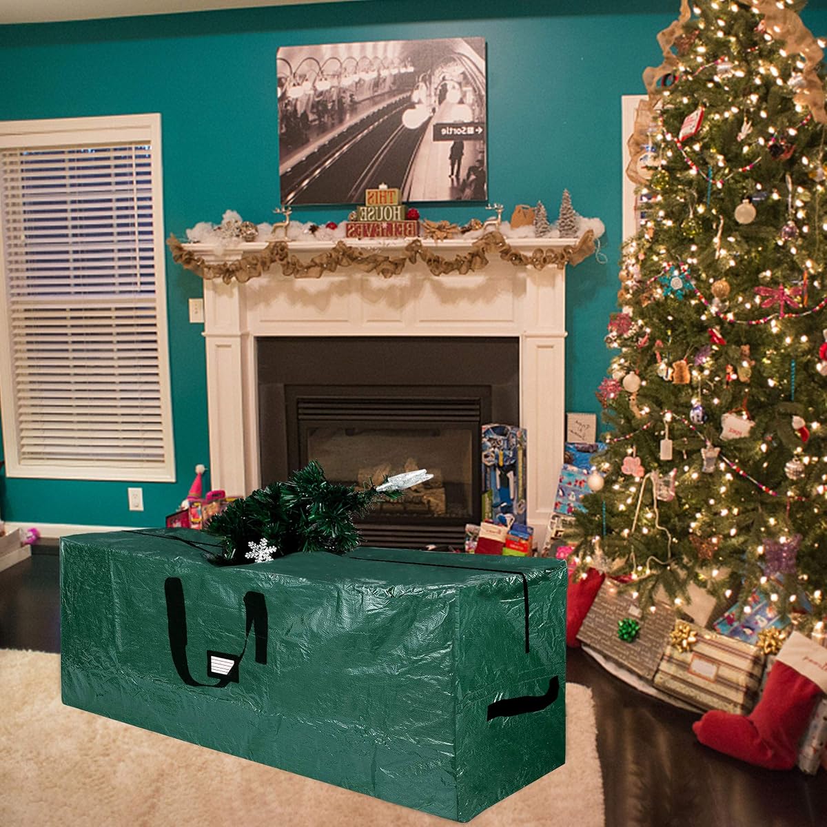 Lulu Home Christmas Tree Storage Bag, 50"x20"x15" Polyester Artificial Tree Storage Bag with Dual Zippers and Sturdy Handles, Fits Up to 7 Ft Disassembled Xmas Trees, Green - 细节图 4