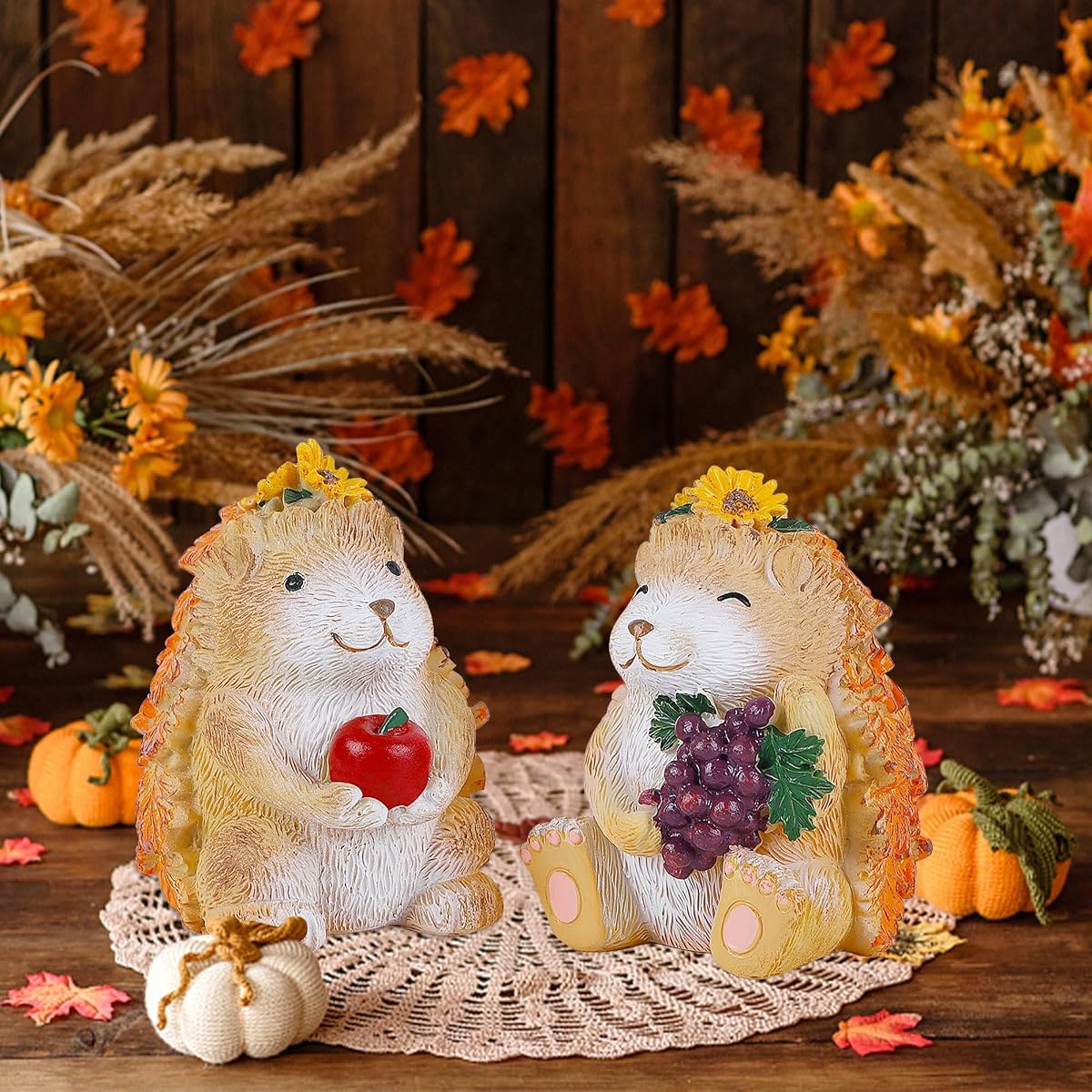 Lulu Home Fall Decorations for Home, 2 Packs Harvest Hedgehog Resin Sculpture with Maple Leaves & Fruits, Autumn Tabletop Ornaments Craft Decor for Thanksgiving and Fall Season - detail image 6