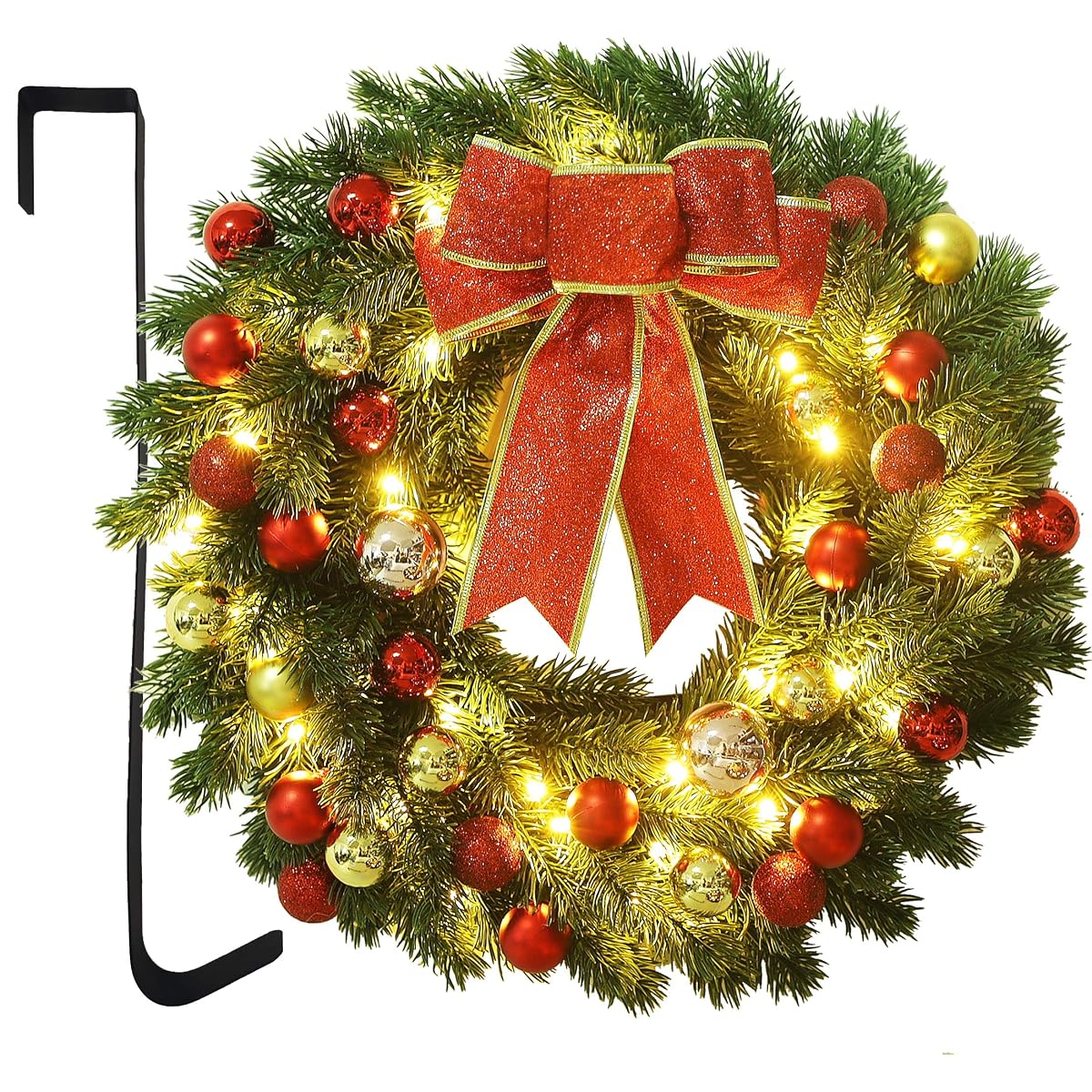 Lulu Home 16 Inch Pre-lit Christmas Wreath with Hook, Battery Operated Christmas Wreath Decorative Christmas Balls Hanging Ornament, Artificial Door Wreath 40 Clear LED Lights - imagem de detalhe 6