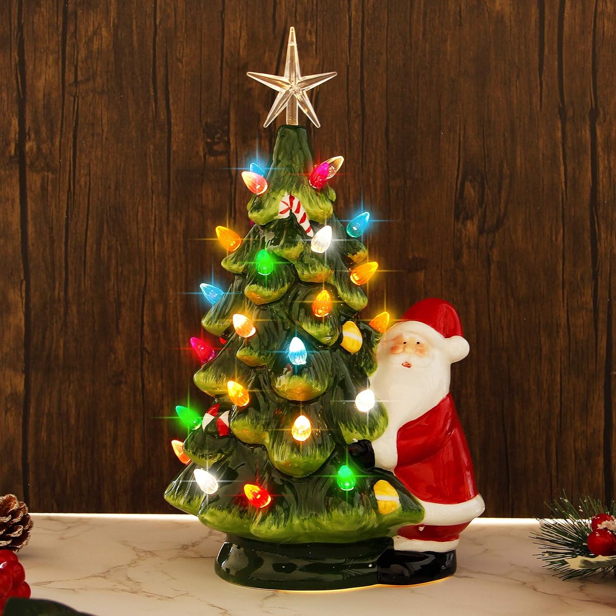 Lulu Home 13 Inch LED Light Up Ceramic Tabletop Christmas Tree with 54 Multicolored Lights and a 5 Point Star Topper, Green Vintage Ceramic Tree for Tabletop - detail image 6