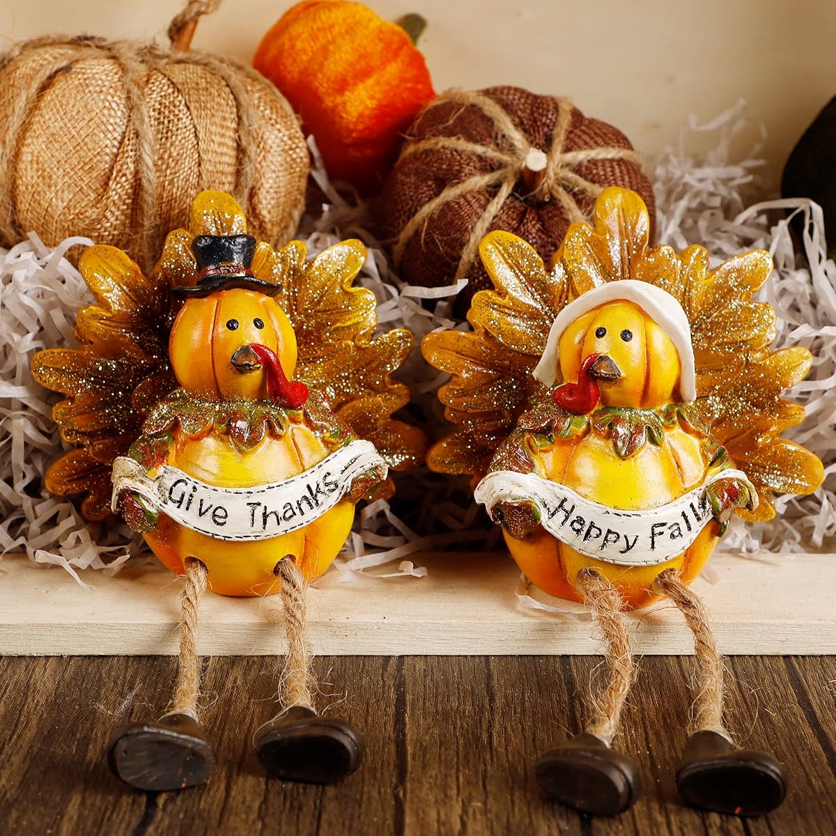 Lulu Home Thanksgiving Turkey Figurines, Set of 2 Resin Turkey Shelf Sitters with Dangling Legs, Give Thanks Happy Fall Harvest Sculpture for Window Sill Kitchen Tabletop Autumn Home Decor - imagem de detalhe 4