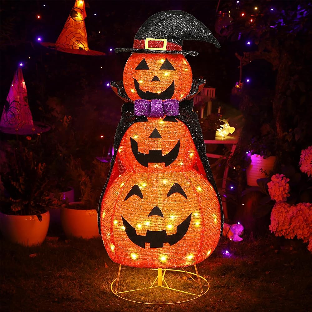 Lulu Home 3.5FT Light Up Halloween Decoration, 60 LED Collapsible Stacked Pumpkins with Vampire Cloak, Plug-in Pre-lit Jack-O-Lantern Front Door Porch Indoor Outdoor Decoration