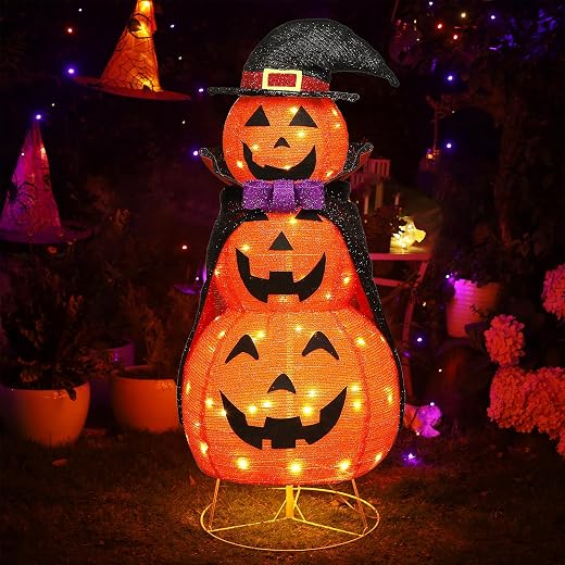 Lulu Home 3.5FT Light Up Halloween Decoration, 60 LED Collapsible Stacked Pumpkins with Vampire Cloak, Plug-in Pre-lit Jack-O-Lantern Front Door Porch Indoor Outdoor Decoration