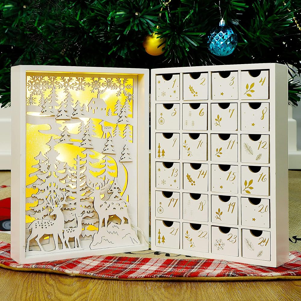 Lulu Home Christmas Wooden Advent Calendar with Drawers, LED Light Up Reusable Advent Book 24 Days Countdown to Christmas, Large Fill Your Own Advent Box Christmas Table Top Decorations