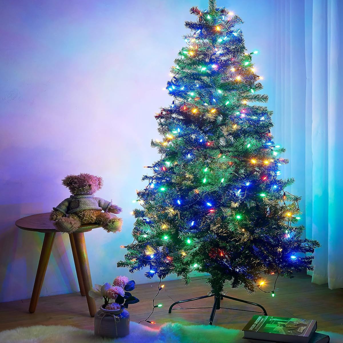 Lulu Home 6 Ft Artificial Christmas Tree with 300 LED Multi-Colored String Lights (Not Pre-Strung) and 850 Branch Tips, 8 Lighting Modes Artificial Christmas Tree with Iron Stand - imagen de detalle 2