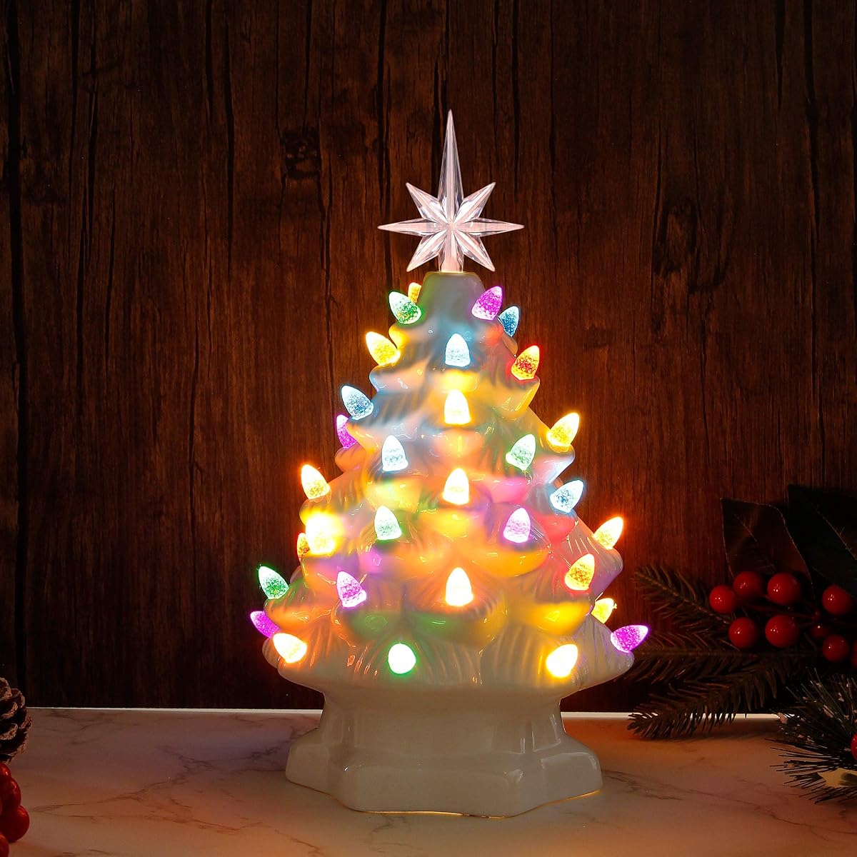 Lulu Home Ceramic Christmas Tree, 10 Inch LED Light Up Ceramic Tabletop Christmas Tree with 54 Multicolored Lights and a 7 Point Star Topper, White Mini Vintage Lighted Ceramic Tree for Tabletop - detail image 3