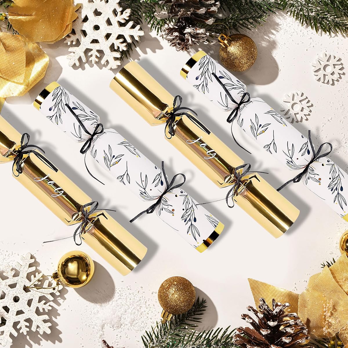 Lulu Home 8 Packs Non-Snap Christmas Crackers Set, Xmas Gift Box Kit for Party Dinner Game Traditions, Each 10.6" H x 1.9" Dia, Golden & Silver Patterned - imagem de detalhe 4