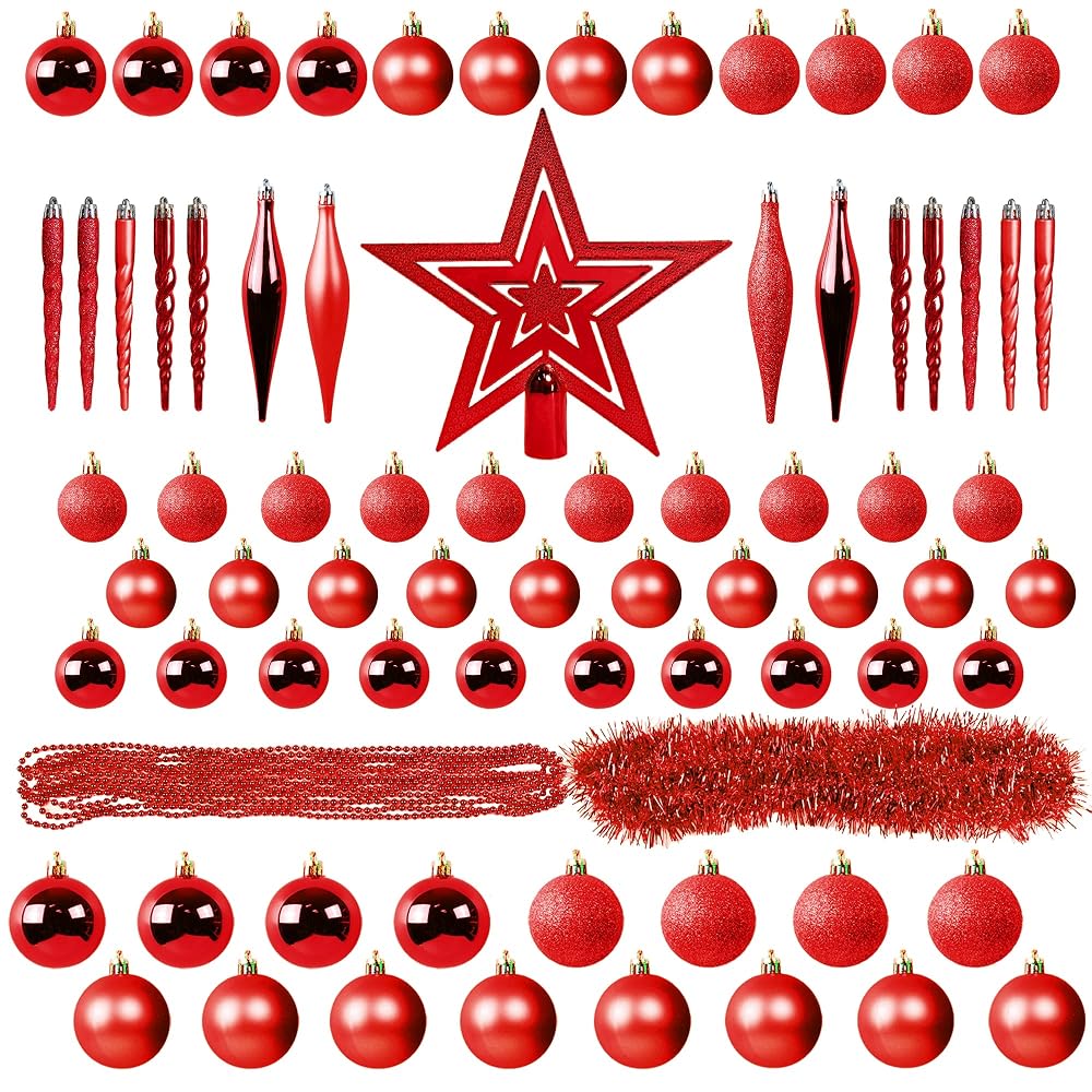 Lulu Home Christmas Assorted Ball Ornament, 75 Pieces Red Shatterproof Balls Xmas Seasonal Decorations for Xmas, Pre-Strung