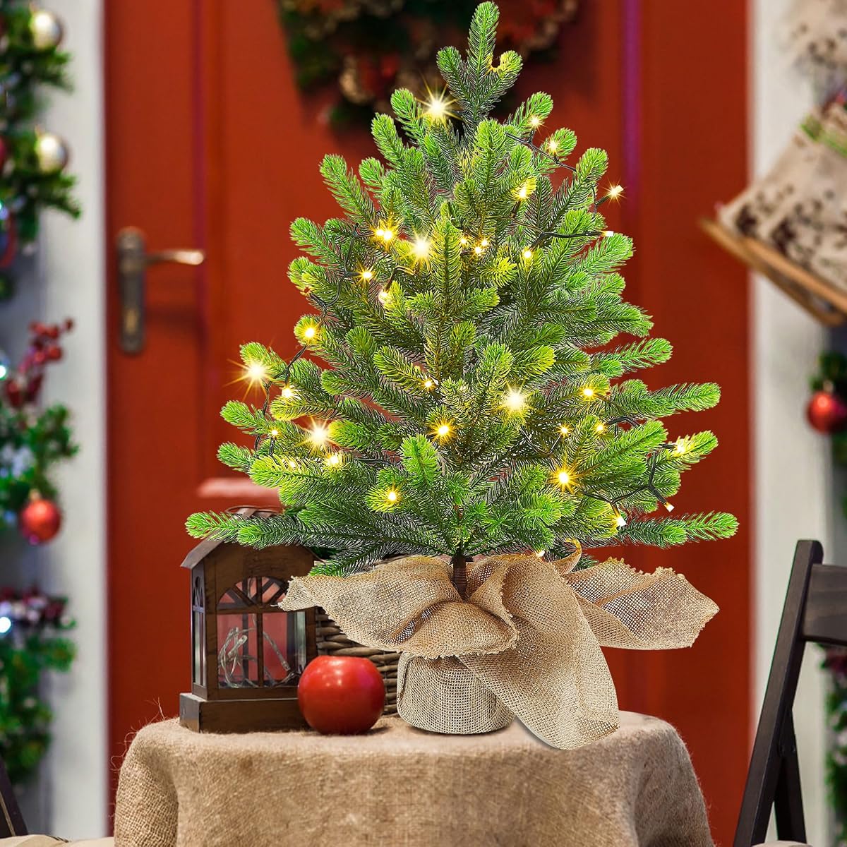 Lulu Home 2 FT Pre-lit Artificial Mini Christmas Tree, 24 Inch Tabletop Battery Operated Norfolk Pine Tree with 50 LED Lights and Burlap Wrap Base for Christmas, Spring Decor (1) - imagem de detalhe 2