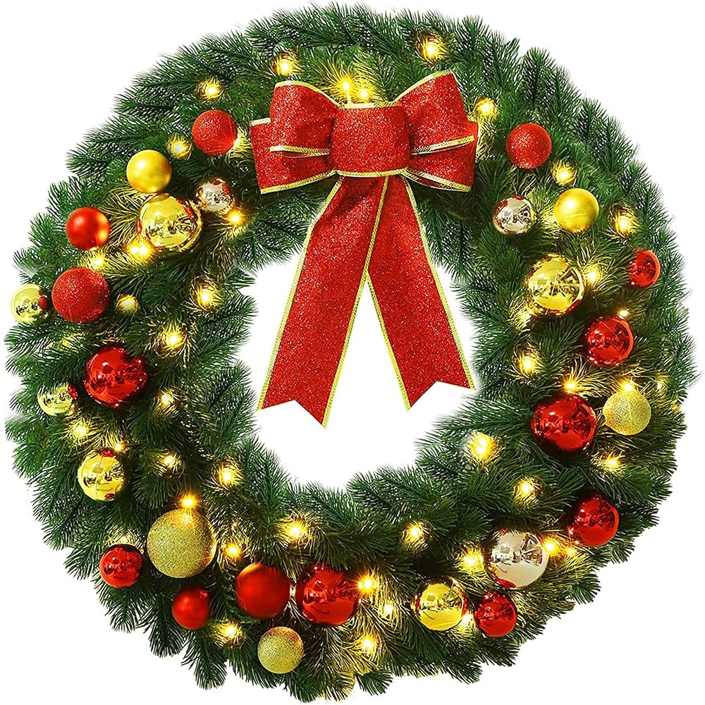 Lulu Home 24 Inch Pre-lit Christmas Wreath with Hook, Battery Operated Christmas Wreath Decorative Christmas Balls Hanging Ornament, Artificial Door Wreath 60 Clear LED Lights with Timer