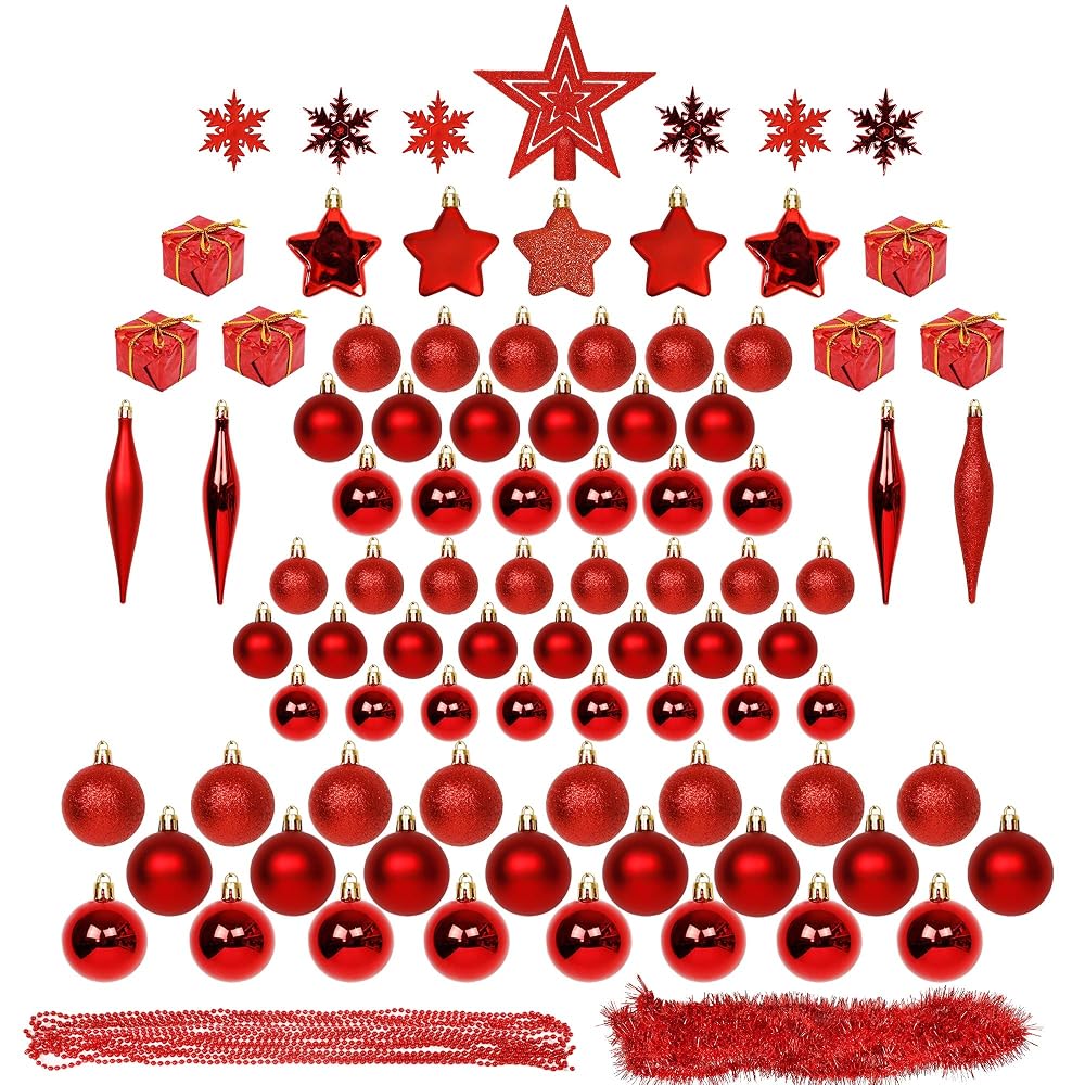 Lulu Home Christmas Assorted Ball Ornaments, 90 Pieces Including Balls Shuttle Five-Pointed Star Snowflakes Tree Top Star Mini Gift Boxes Tinsel Garland Bead Chain for Xmas, Pre-Strung
