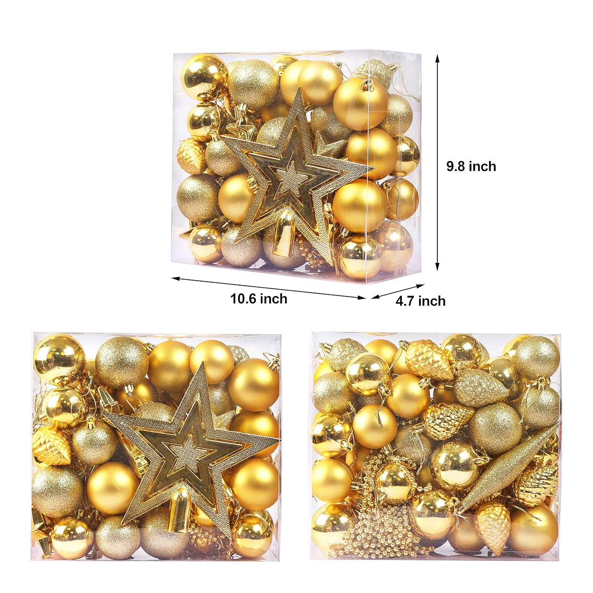 Lulu Home Assorted Christmas Tree Ornaments Set, 60 Pieces Golden Shatterproof Balls Xmas Seasonal Decorations for Easter Decoration, Pre-Strung - imagen de detalle 1