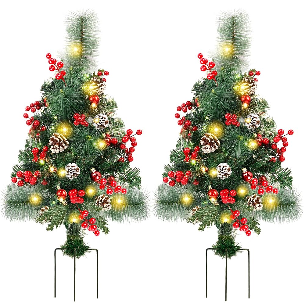 Lulu Home 2 Pack 2 Ft Pre-Lit Pathway Christmas Trees with Stake, Battery Operated 60 LED Lighted Small Christmas Trees Yard Stake Outdoor Decoration with Red Berries, Red Balls, Pine Cones