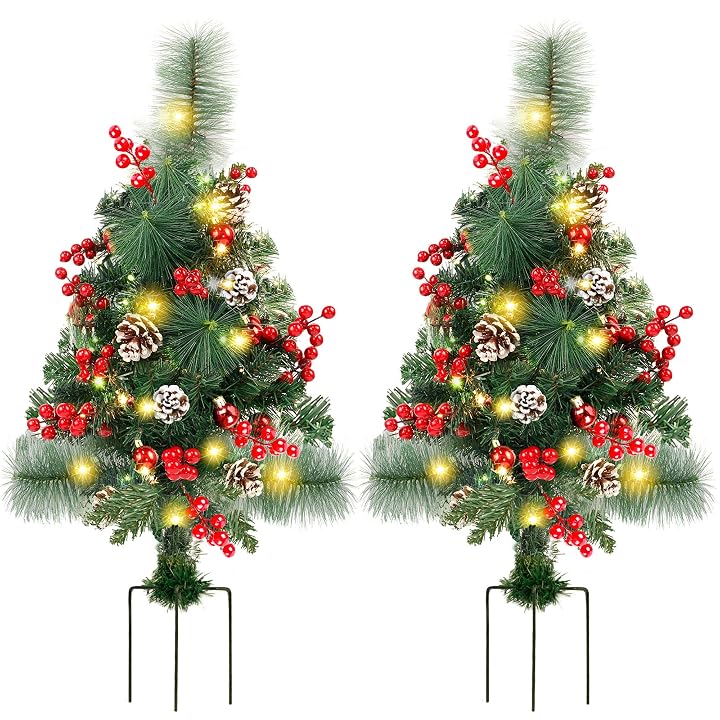 Lulu Home 2 Pack 2 Ft Pre-Lit Pathway Christmas Trees with Stake, Battery Operated 60 LED Lighted Small Christmas Trees Yard Stake Outdoor Decoration with Red Berries, Red Balls, Pine Cones