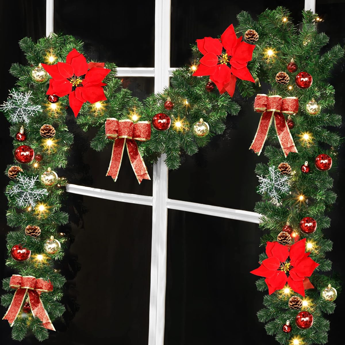 Lulu Home Christmas Garland, 9FT Pre-lit 40 LED Christmas Garland with 24 Xmas Balls, Battery Operated Christmas Lighted Poinsettia Garland Indoor Outdoor for Fireplace, Staircase, Railing Decoration - imagem de detalhe 1