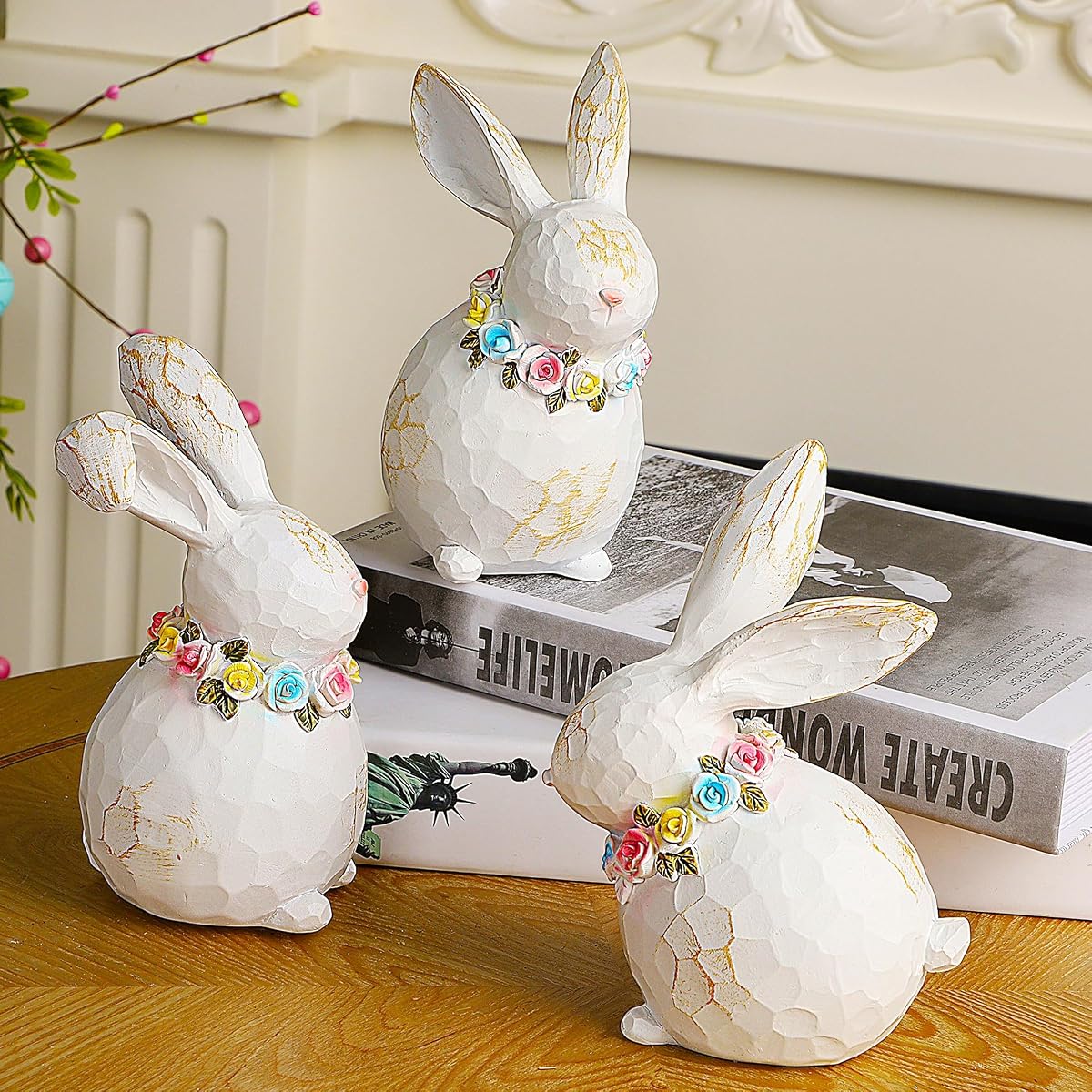 Lulu Home 3 Packs Easter Tabletop Ornaments, Resin White Bunnies Figurines with Floral Wreaths Around Necks, Standing Rabbit Statues for Spring Garden Home Mantel Indoor Outdoor Decorations - detail image 4