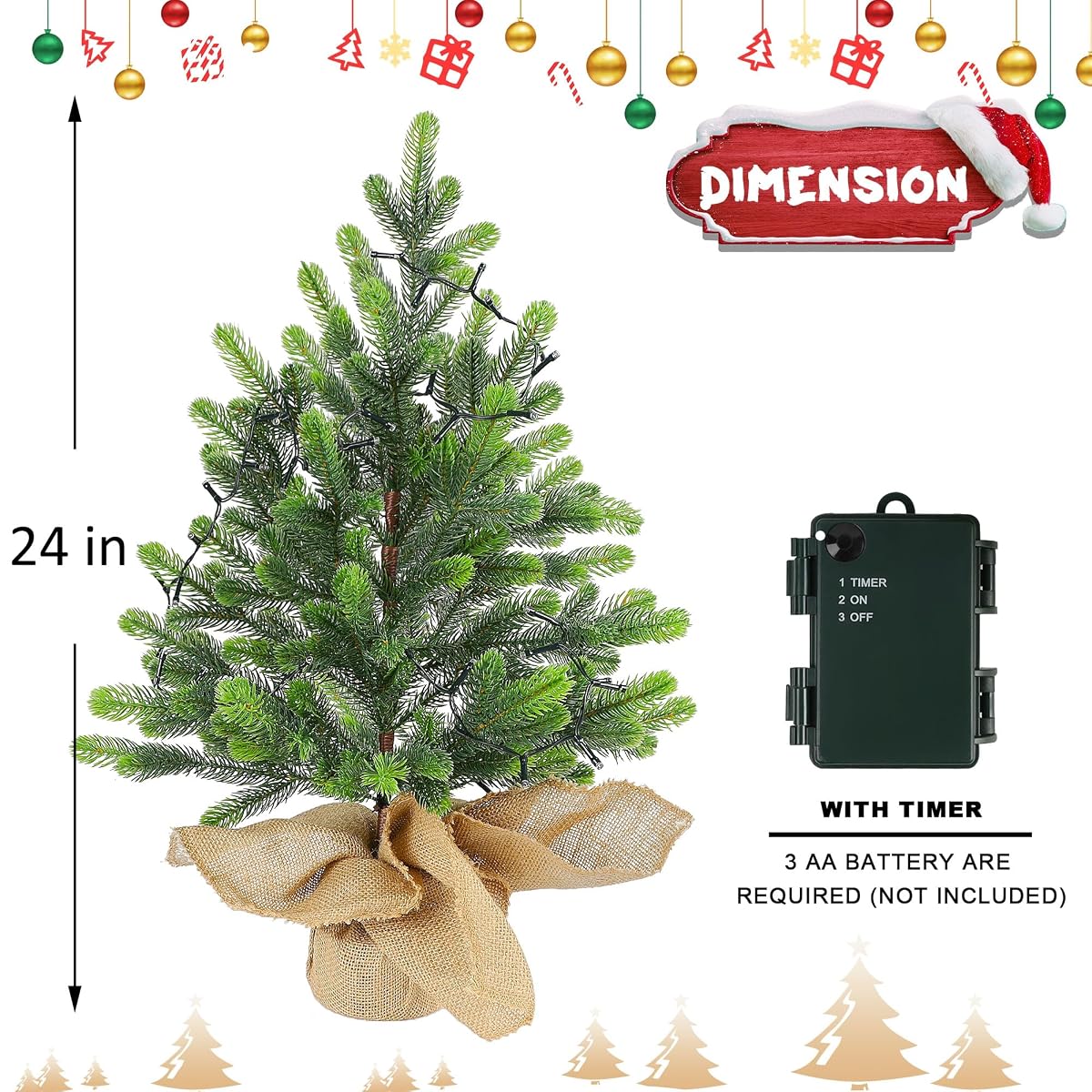 Lulu Home 2 FT Pre-lit Artificial Mini Christmas Tree, 24 Inch Tabletop Battery Operated Norfolk Pine Tree with 50 LED Lights and Burlap Wrap Base for Christmas, Spring Decor (1) - imagem de detalhe 1