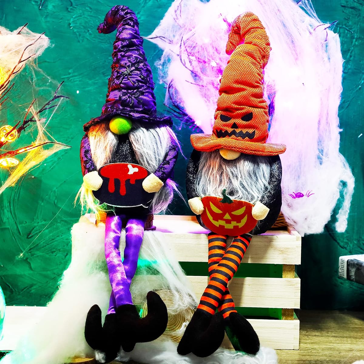 Lulu Home Halloween Gnome Decor, Set of 2 Stuffed Plush Dangle Leg Gnomes, Handmade Shelf Sitters Tomte Swedish Witch Gnome Ornaments for Halloween Home Party Decor, 28.1 x 5.9 Inch - imagen de detalle 4