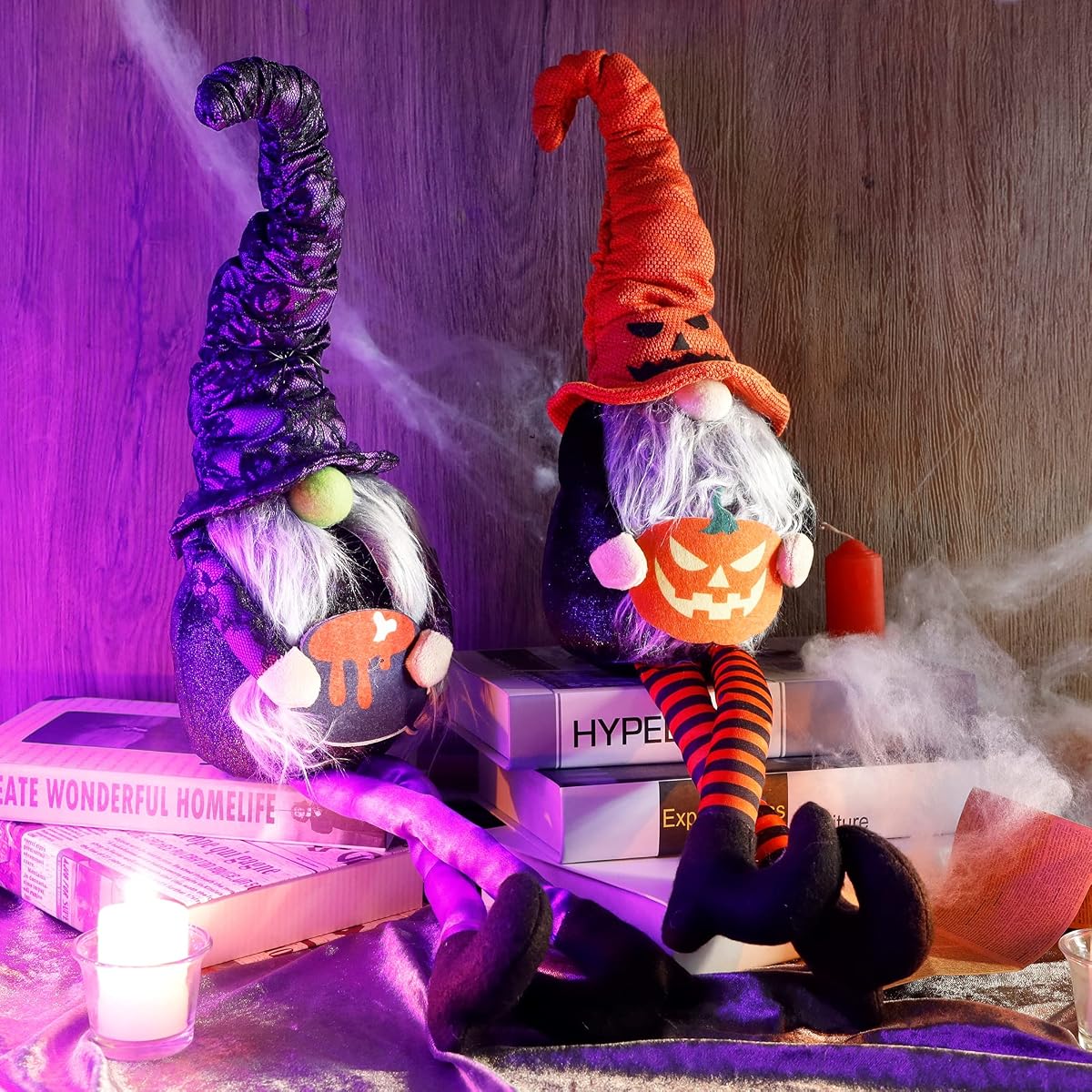 Lulu Home Halloween Gnome Decor, Set of 2 Stuffed Plush Dangle Leg Gnomes, Handmade Shelf Sitters Tomte Swedish Witch Gnome Ornaments for Halloween Home Party Decor, 28.1 x 5.9 Inch - imagen de detalle 3