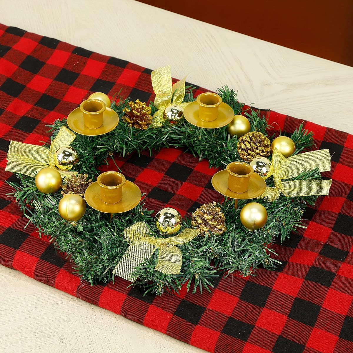 Lulu Home Christmas Advent Wreath, 13.4 Inch X-mas Golden Ribbon Advent Wreath with 4 Candle Holders Adorned Christmas Balls Pine Cones, Holiday Tabletop Candles Centerpieces Decoration - detail image 5