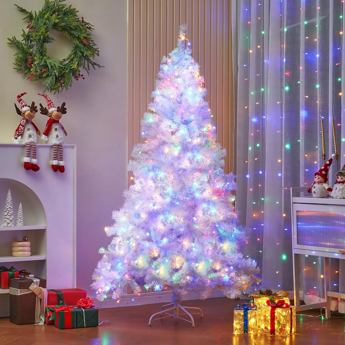 Lulu Home 6FT Christmas Tree, Artificial Christmas Tree with RC 300 LEDs Warm White & Multicolored String Lights(NOT Pre-Strung) for Indoor Outdoor Winter Decoration, 11 Lighting Modes with Timer - 细节图 5