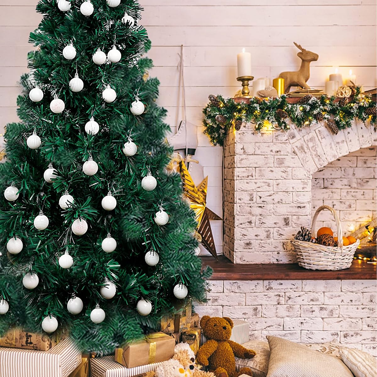 Lulu Home Christmas Ball Ornaments, 34 Ct 1.57" Pre-Strung Hanging Ornament Decorations, Xmas Shatterproof Plastic Balls for Holiday Party Wreath Garlands Trees, White - imagem de detalhe 4