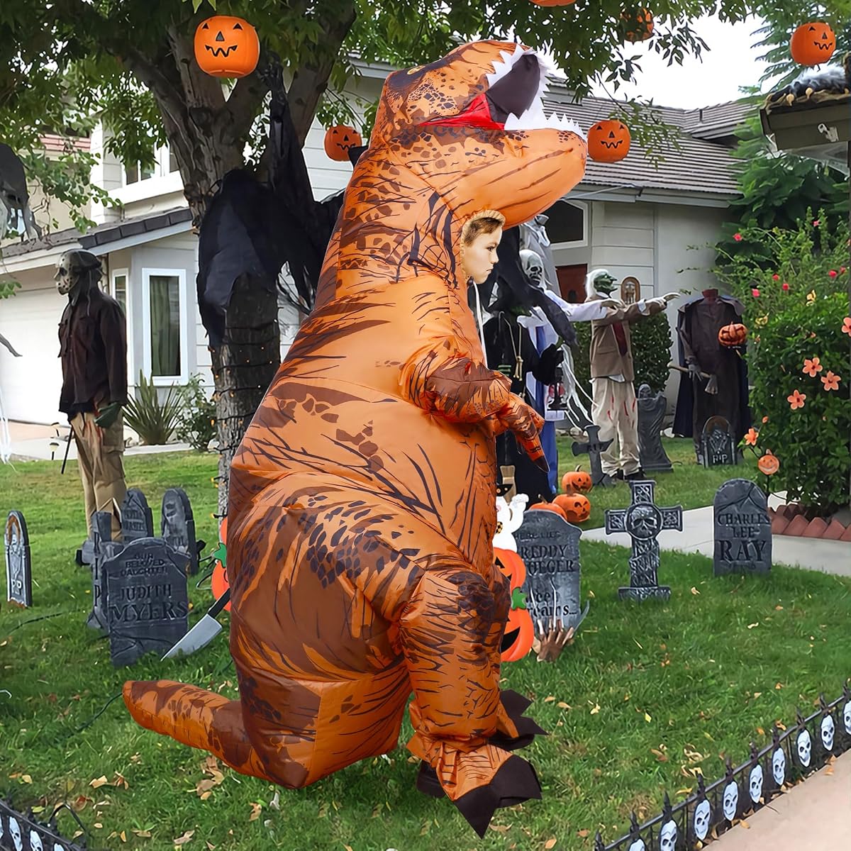 Lulu Home 6.5FT H Inflatable Dinosaur T-Rex Costume for Kids, Halloween Blow Up Fancy Dress Costume for Boys Girls Dinosaur Themed Party Trick or Treat Activity, Brown - Medium - imagem de detalhe 5