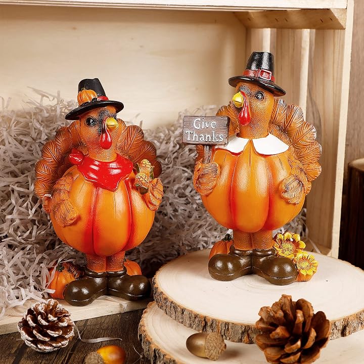 Lulu Home Thanksgiving Turkey Figurines, Give Thanks Resin Turkey Shelf Sitters, Thanksgiving Home Decor Craft Turkey Centerpiece Mantle Fall Fireplace Decor, 2 Pack