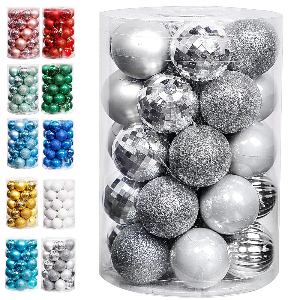 Lulu Home Christmas Ball Ornaments, 24 Ct 2.36" Pre-Strung Hanging Ornament Decorations, Xmas Shatterproof Plastic Balls for Holiday Party Wreath Garlands Trees, Silver