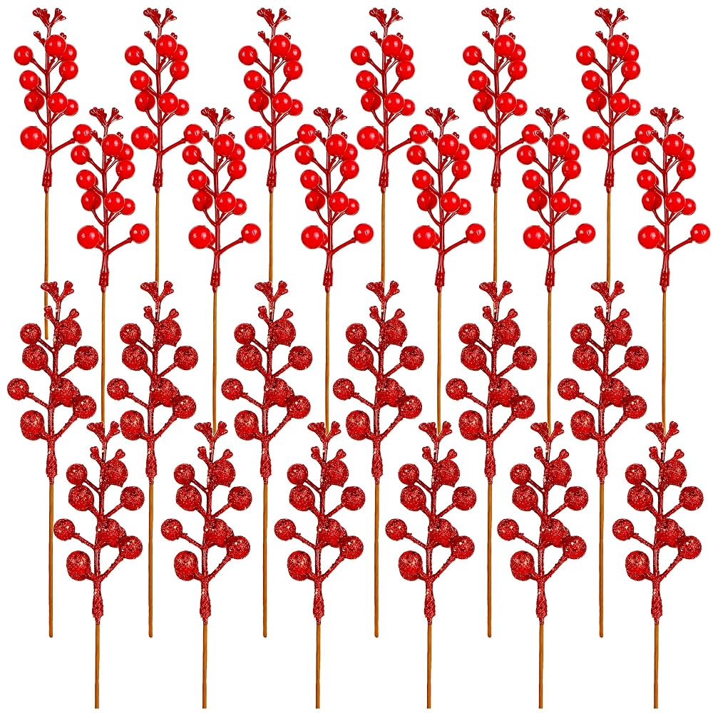 Lulu Home 24 Pieces Christmas Artificial Red Berry Branches, 8.5" L Holly Berries Stem Picks for Xmas Gift DIY Crafts Christmas Tree Wreath Garland Decorations, 12 Glittered + 12 Natural Looked