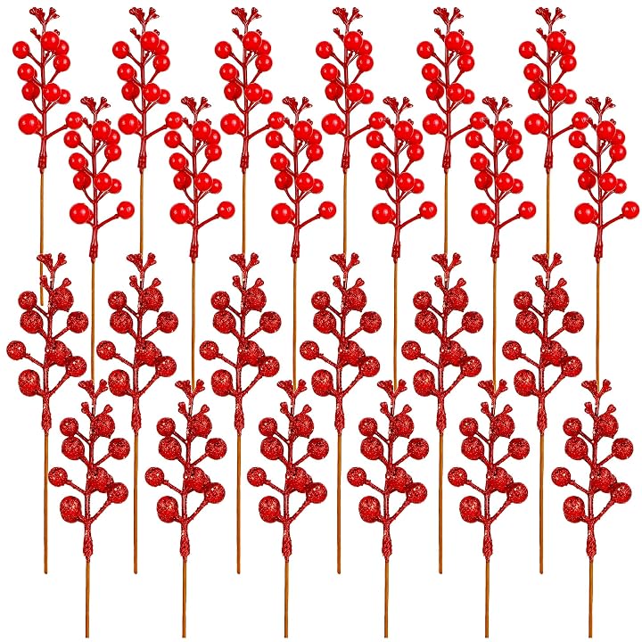Lulu Home 24 Pieces Christmas Artificial Red Berry Branches, 8.5" L Holly Berries Stem Picks for Xmas Gift DIY Crafts Christmas Tree Wreath Garland Decorations, 12 Glittered + 12 Natural Looked
