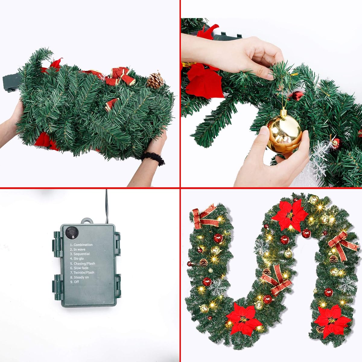 Lulu Home Christmas Garland, 9FT Pre-lit 40 LED Christmas Garland with 24 Xmas Balls, Battery Operated Christmas Lighted Poinsettia Garland Indoor Outdoor for Fireplace, Staircase, Railing Decoration - imagem de detalhe 5