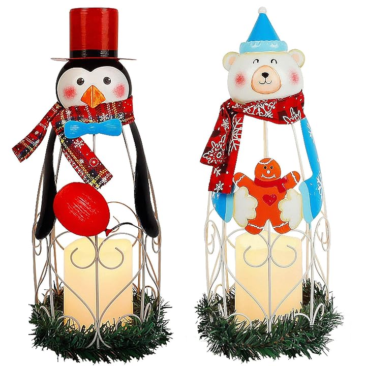 Lulu Home Christmas LED Candle Lanterns, 2 Pack 14.6 Inch Penguin Polar Bear with Battery Operated Candle Lights, Light Up Christmas Tabletop Decorations